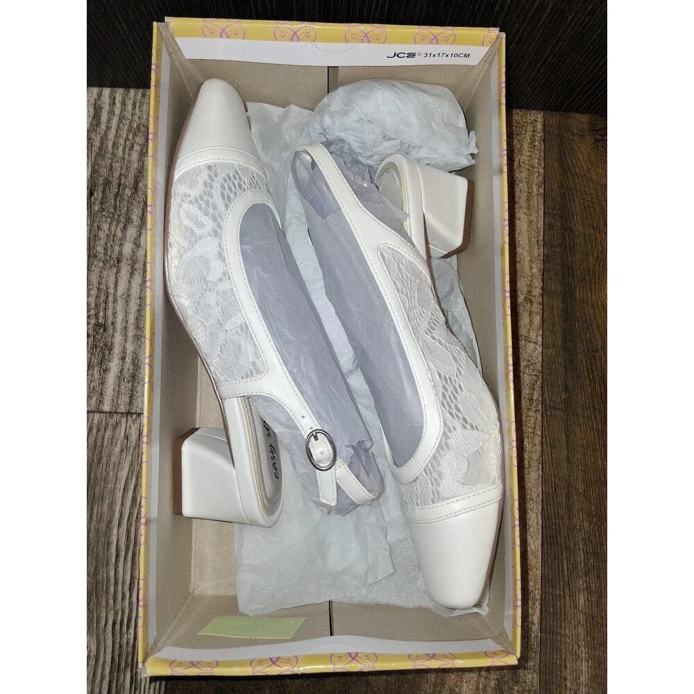 NEW! Women's Easy Street Fortune White Lace Square Toe Slingback Pumps, Size 7M